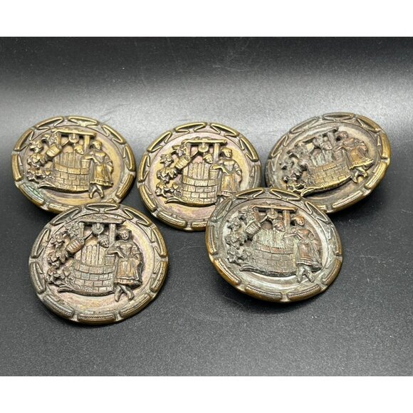 Antique Brass Button "The Wishing Well" 2-Part Rotating Large Metal Set of 5 - Picture 4 of 13